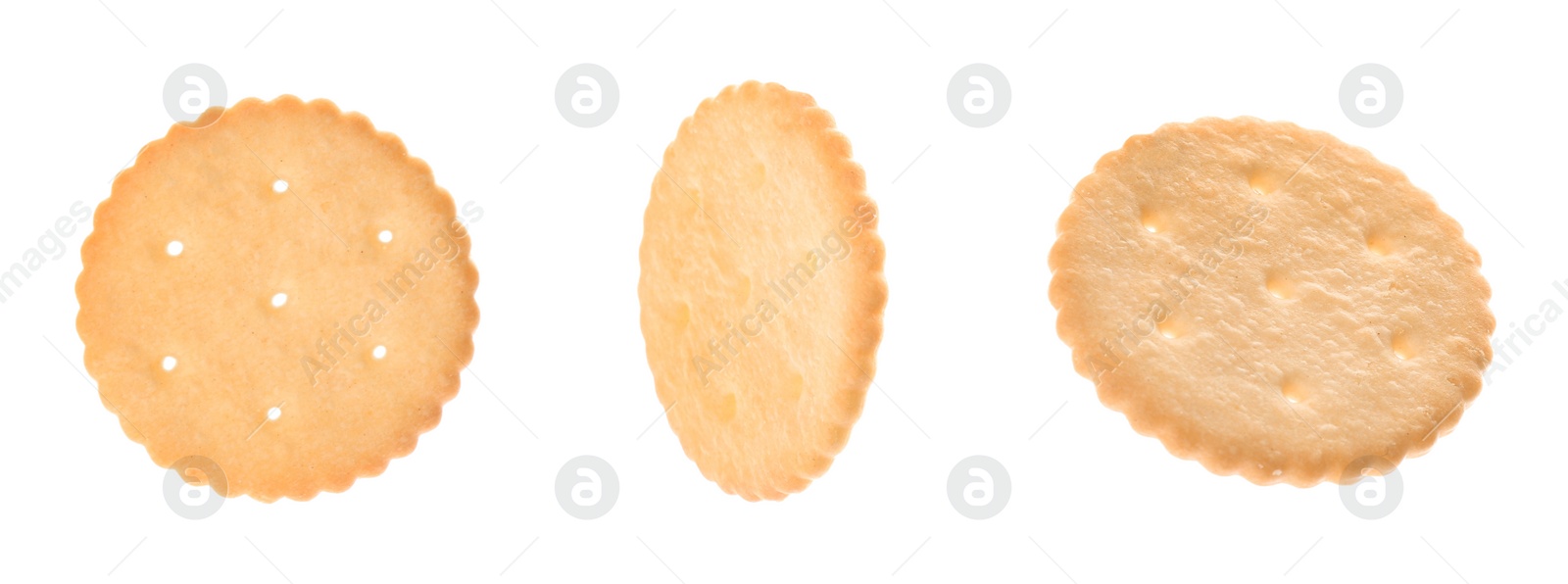 Image of Collage of tasty crackers on white background