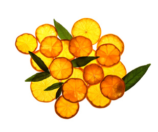 Photo of Slices of fresh ripe tangerines and leaves isolated on white, top view. Citrus fruit