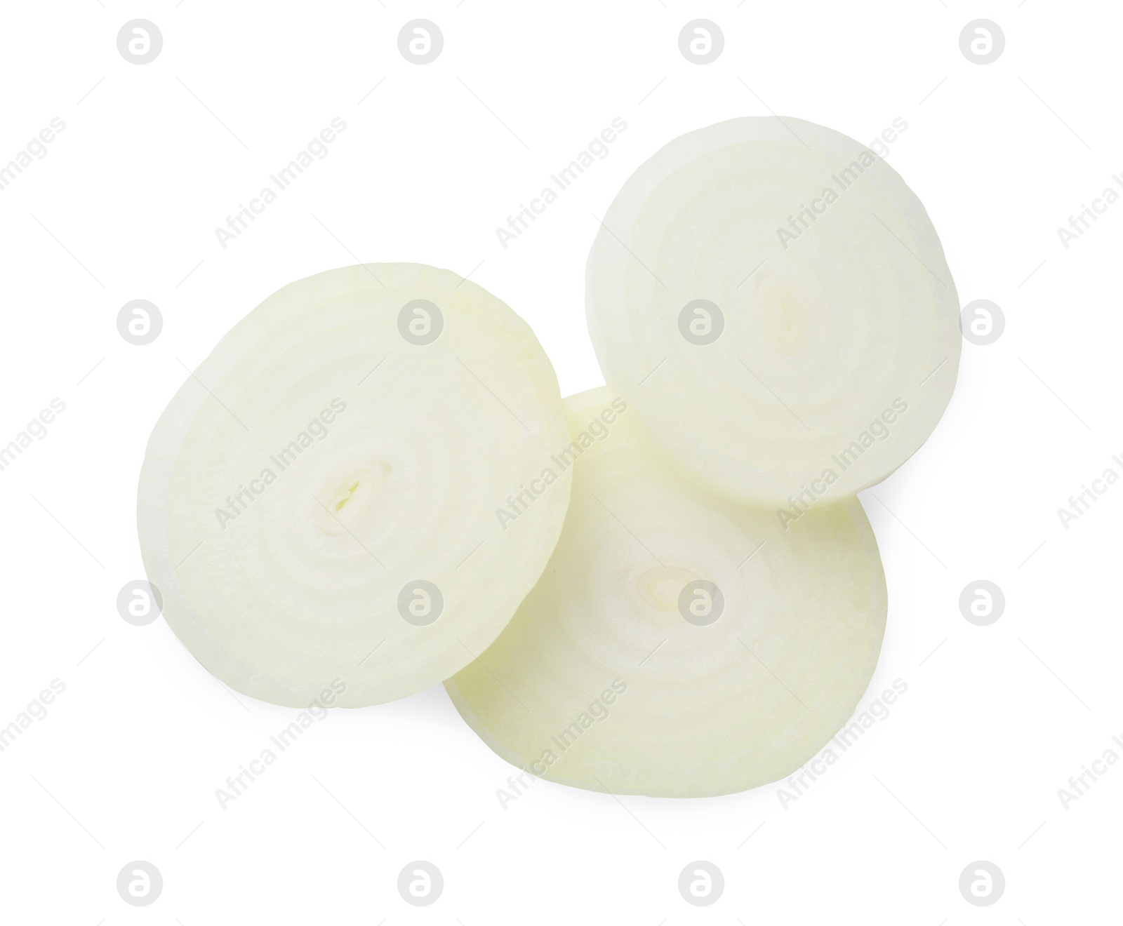 Photo of Slices of raw onion on white background, top view