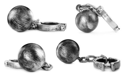 Image of Set with metal balls and chains on white background