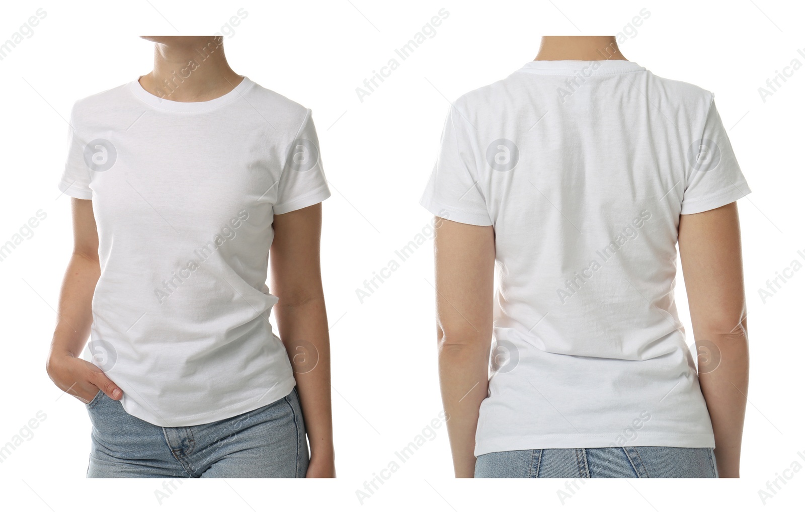 Image of Woman in t-shirt on white background, closeup