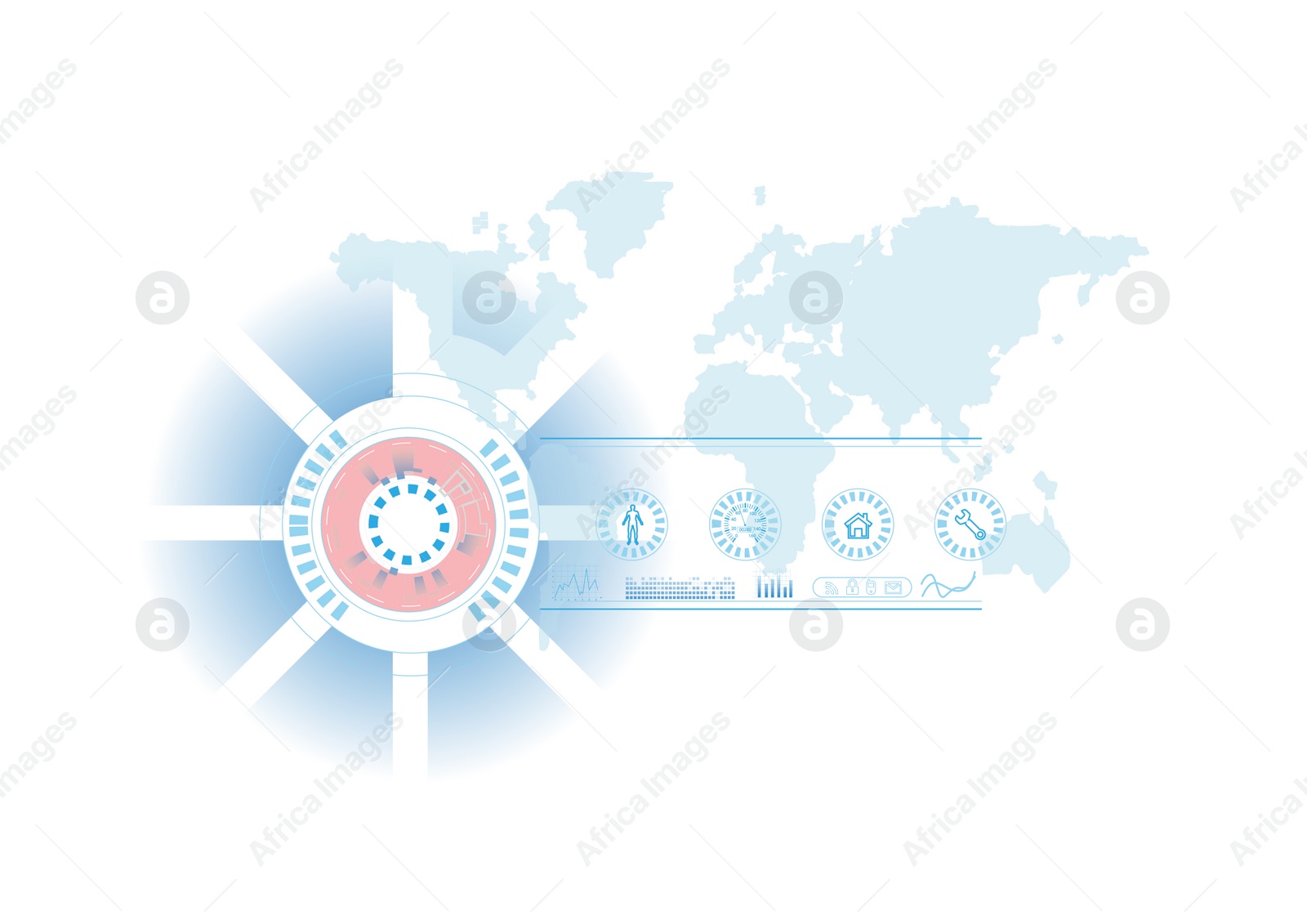 Illustration of Circle scheme or diagram, world map and icons, futuristic technology. Digital illustration