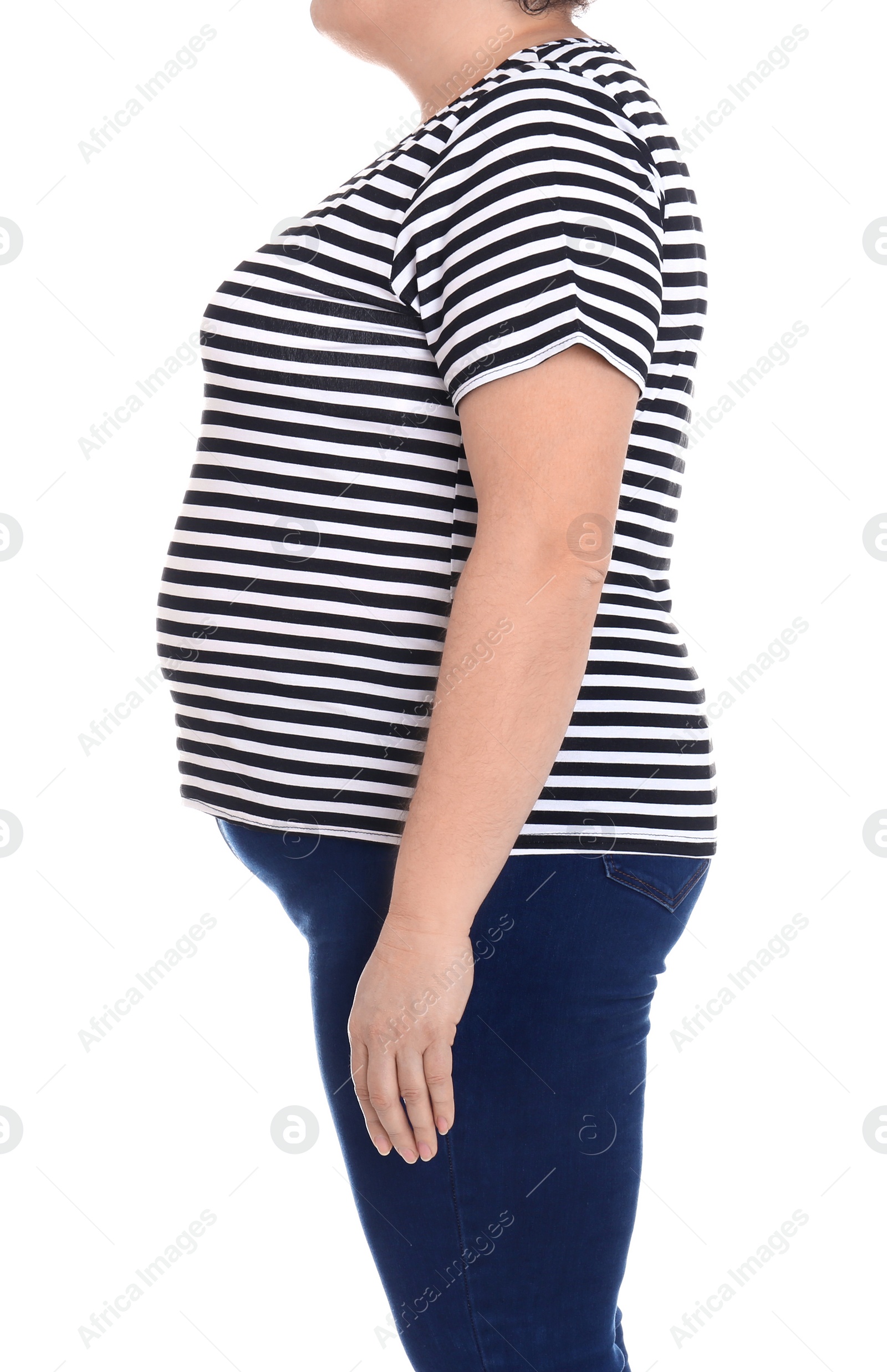 Photo of Overweight woman on white background, closeup. Weight loss