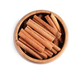 Cinnamon sticks in bowl isolated on white, top view