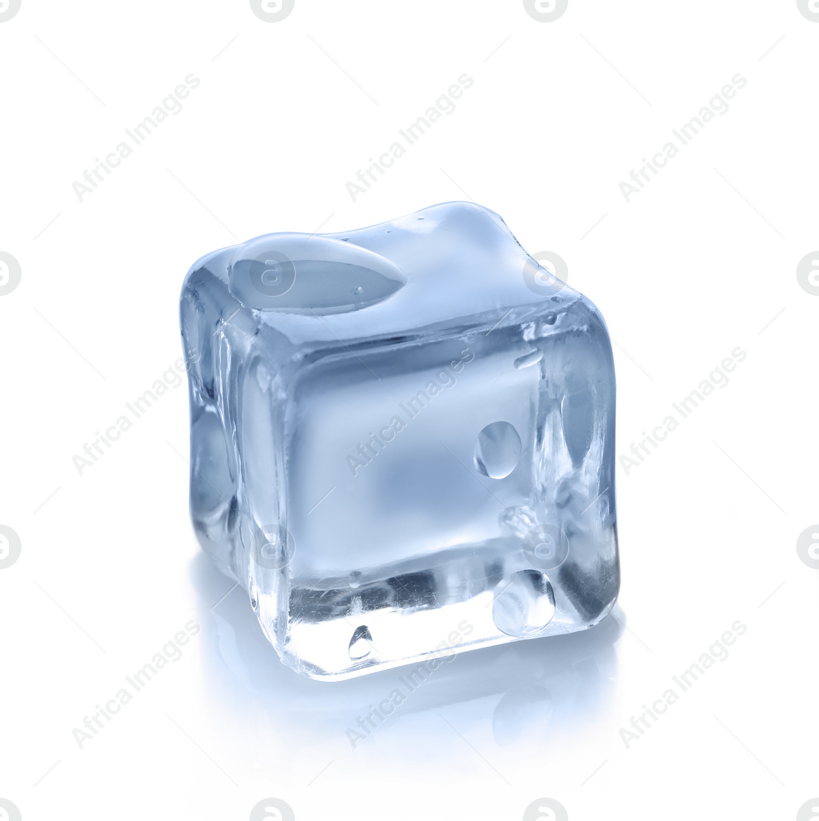 Photo of Crystal clear ice cube on white background