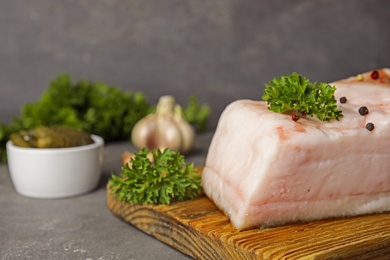 Photo of Composition with pork fatback on grey stone table. Space for text