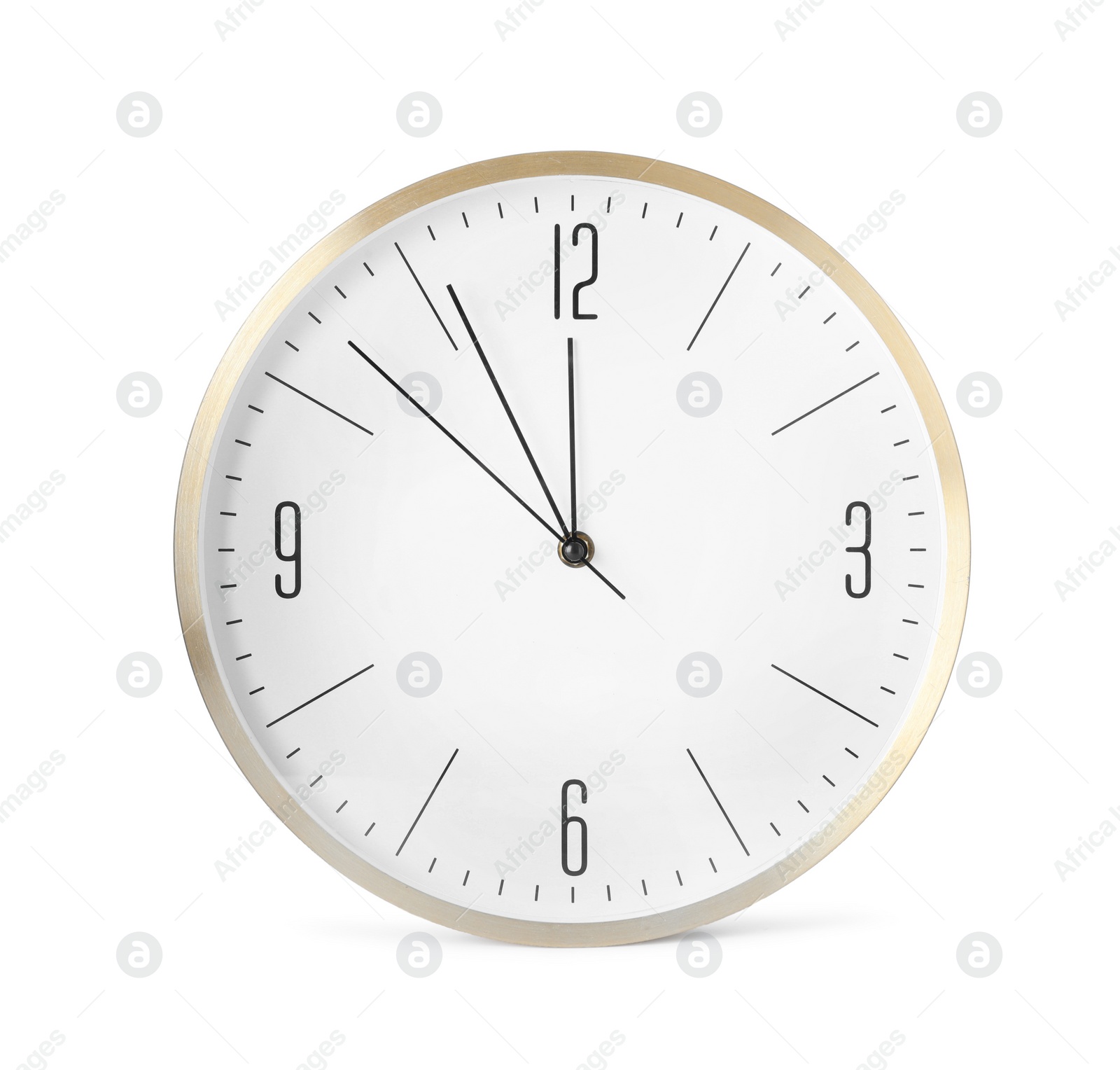 Photo of Clock showing five minutes until midnight isolated on white. New Year countdown