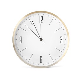 Photo of Clock showing five minutes until midnight isolated on white. New Year countdown
