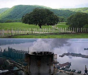 Image of Environmental pollution. Collage divided into mountain landscape and aerial view on industrial factory with emissions