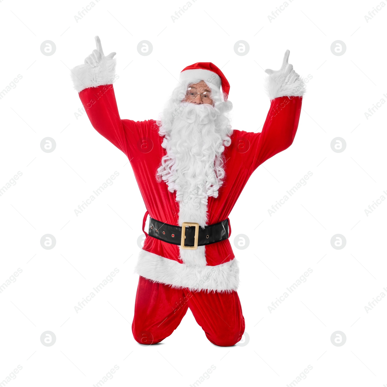 Photo of Man in Santa Claus costume posing on white background