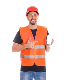Photo of Male industrial engineer in uniform with phone on white background