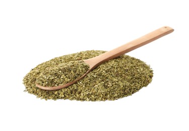 Photo of Pile of aromatic mate tea and spoon on white background