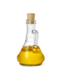 Photo of Glass jug of cooking oil isolated on white