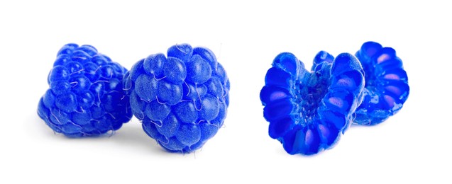 Image of Fresh tasty blue raspberries on white background. Banner design