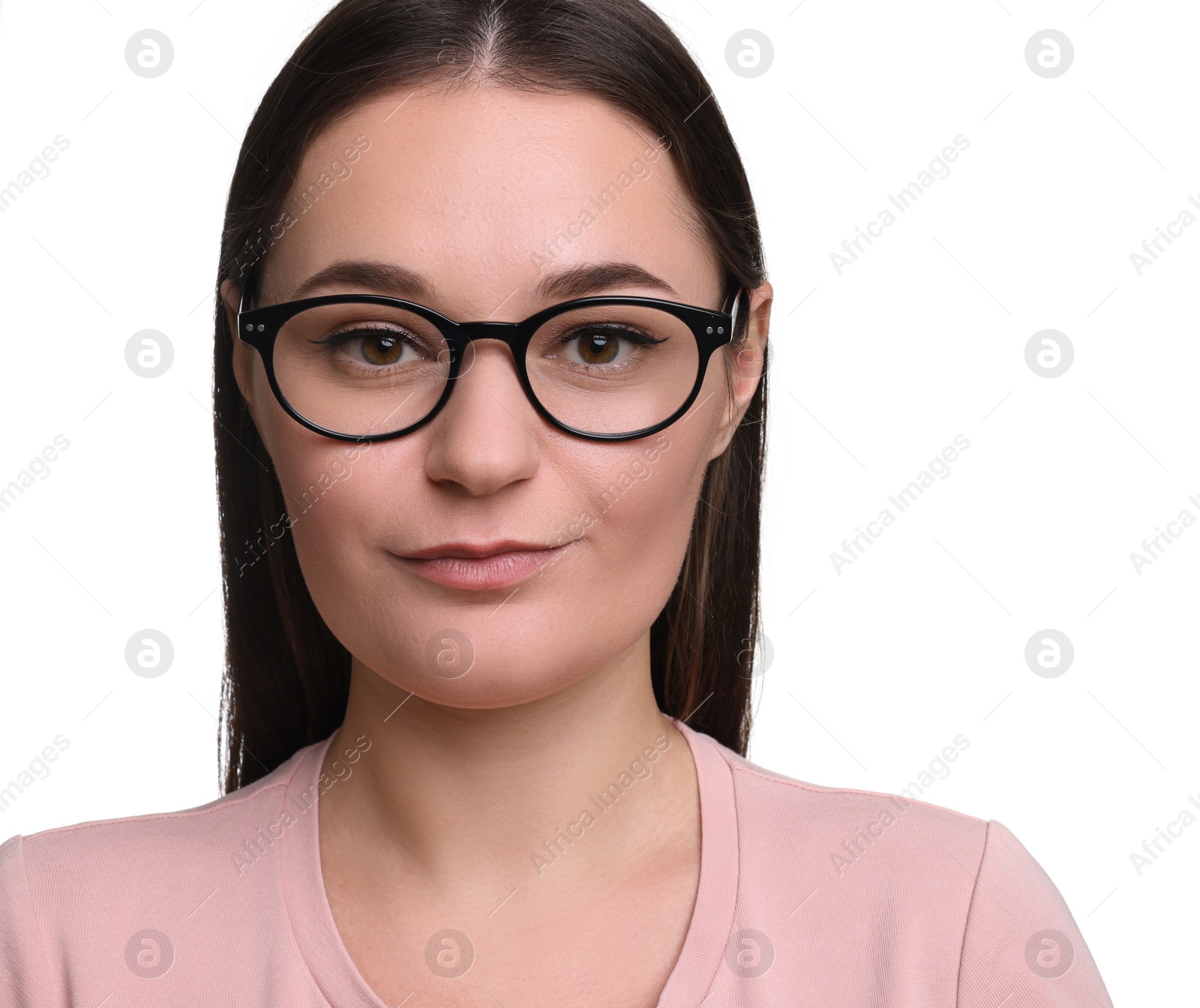 Photo of Beautiful woman with glasses on white background