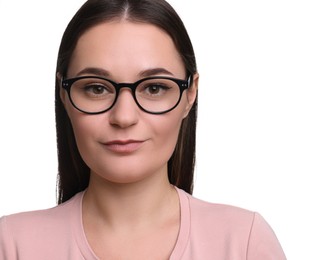 Beautiful woman with glasses on white background