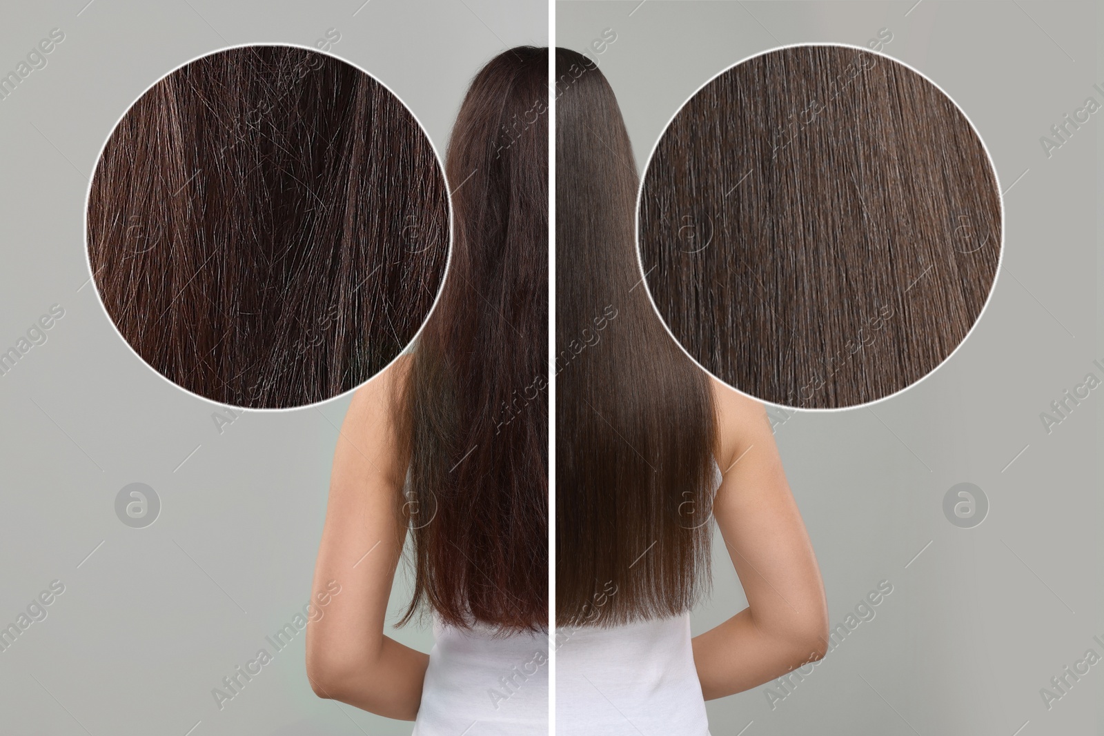 Image of Photo of woman divided into halves before and after hair treatment on grey background, back view. Zoomed area showing damaged and healthy strand