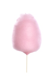 Photo of Young woman holding pink cotton candy on white background, closeup