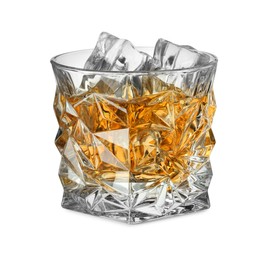 Photo of Whiskey and ice cubes in glass isolated on white