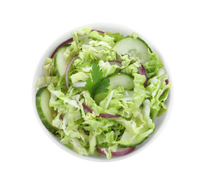 Photo of Tasty salad with cabbage and cucumbers isolated on white, top view