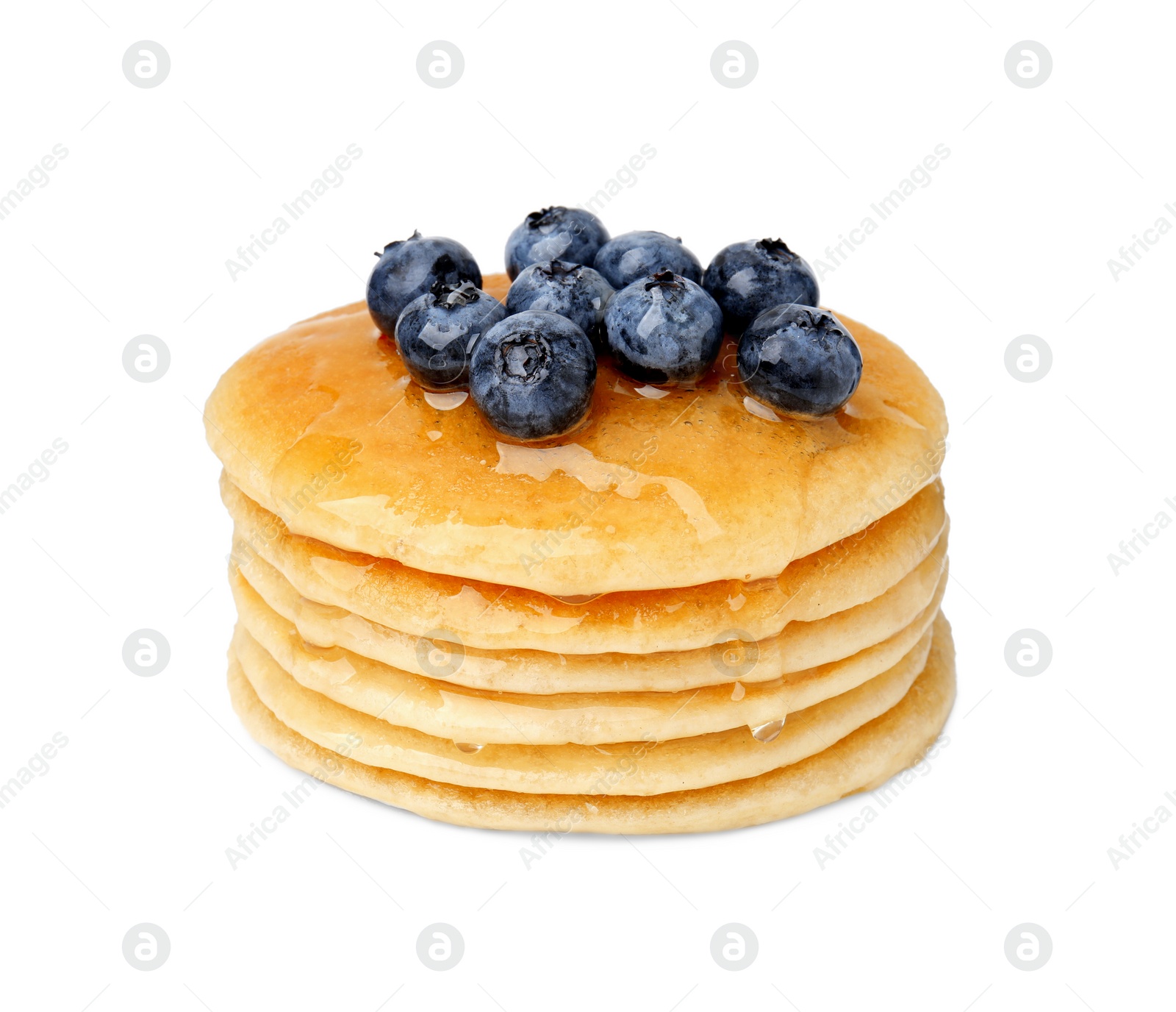Photo of Stack of tasty pancakes with blueberries and honey isolated on white