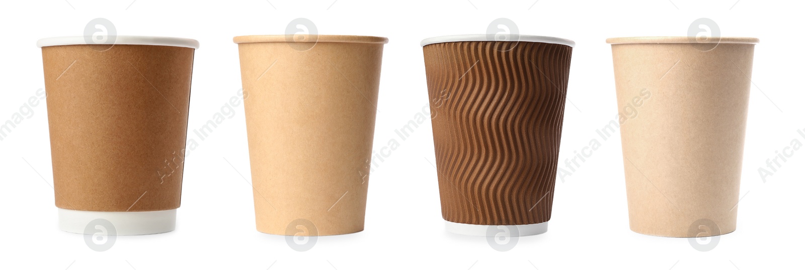 Image of Set with different paper coffee cups on white background, banner design