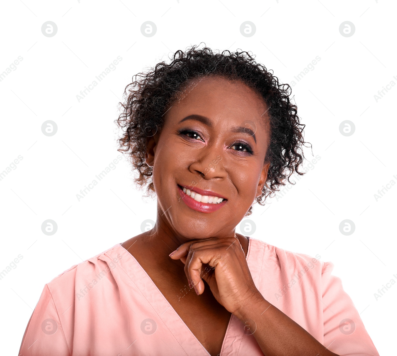 Photo of Portrait of happy African-American woman on white background