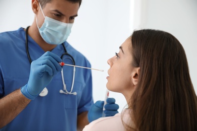 Photo of Doctor taking sample for DNA test from woman in clinic