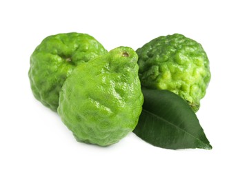 Fresh ripe bergamot fruits and leaf on white background