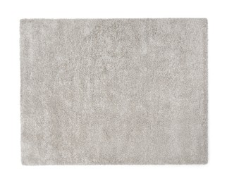 Photo of Stylish soft beige carpet isolated on white, above view