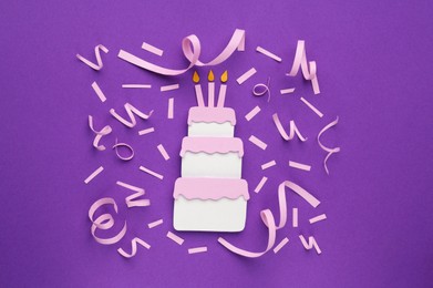 Birthday party. Paper cake and confetti on purple background, flat lay