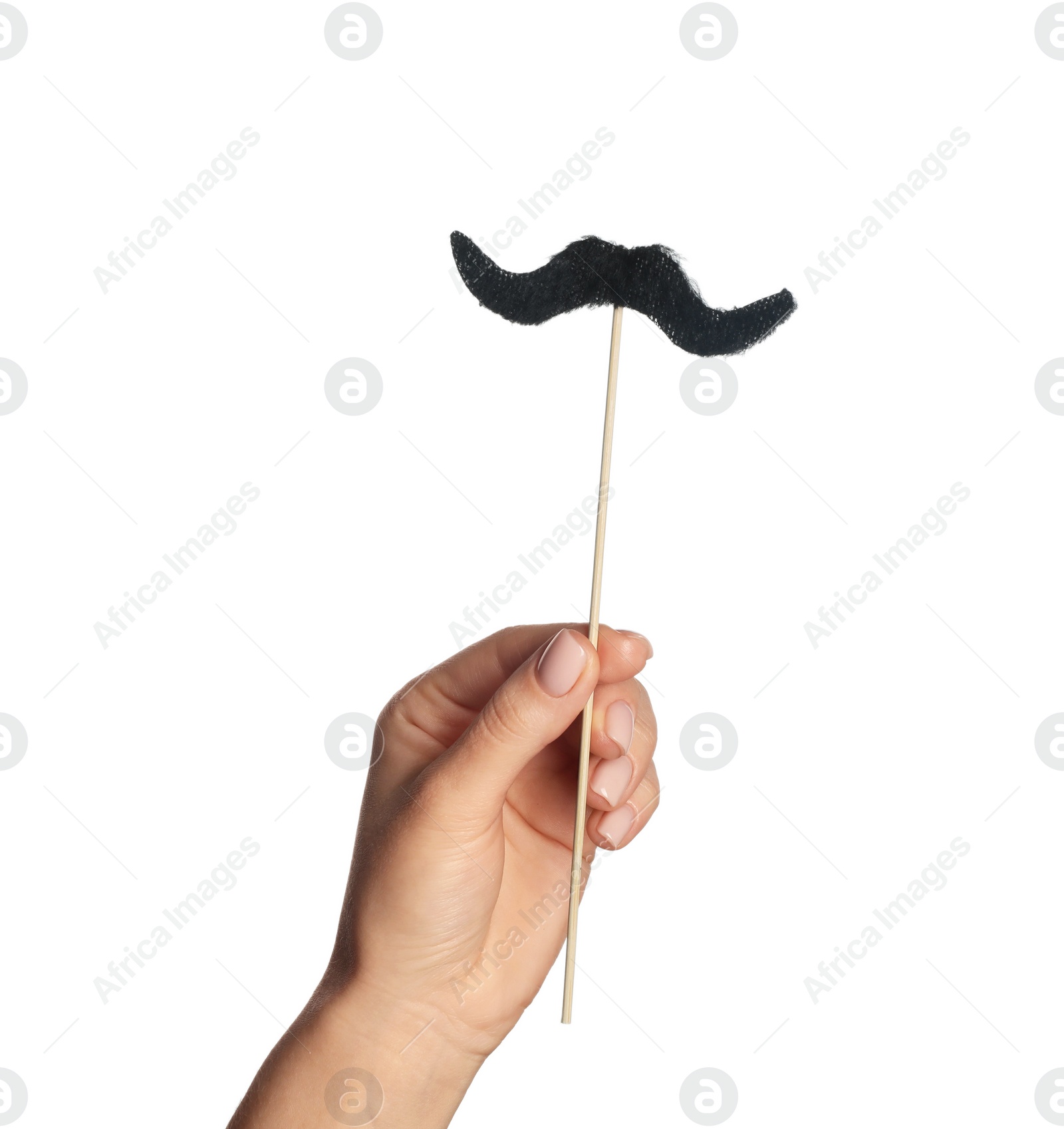 Photo of Woman with fake paper mustache on white background, closeup