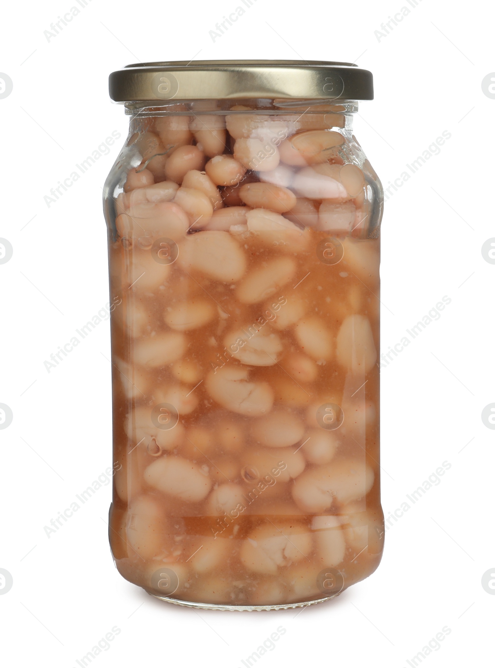 Photo of Glass jar with pickled beans isolated on white