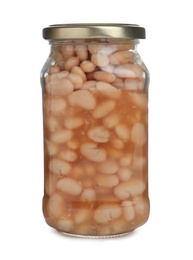 Glass jar with pickled beans isolated on white