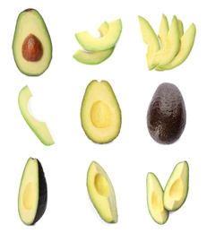 Image of Set of ripe avocados on white background