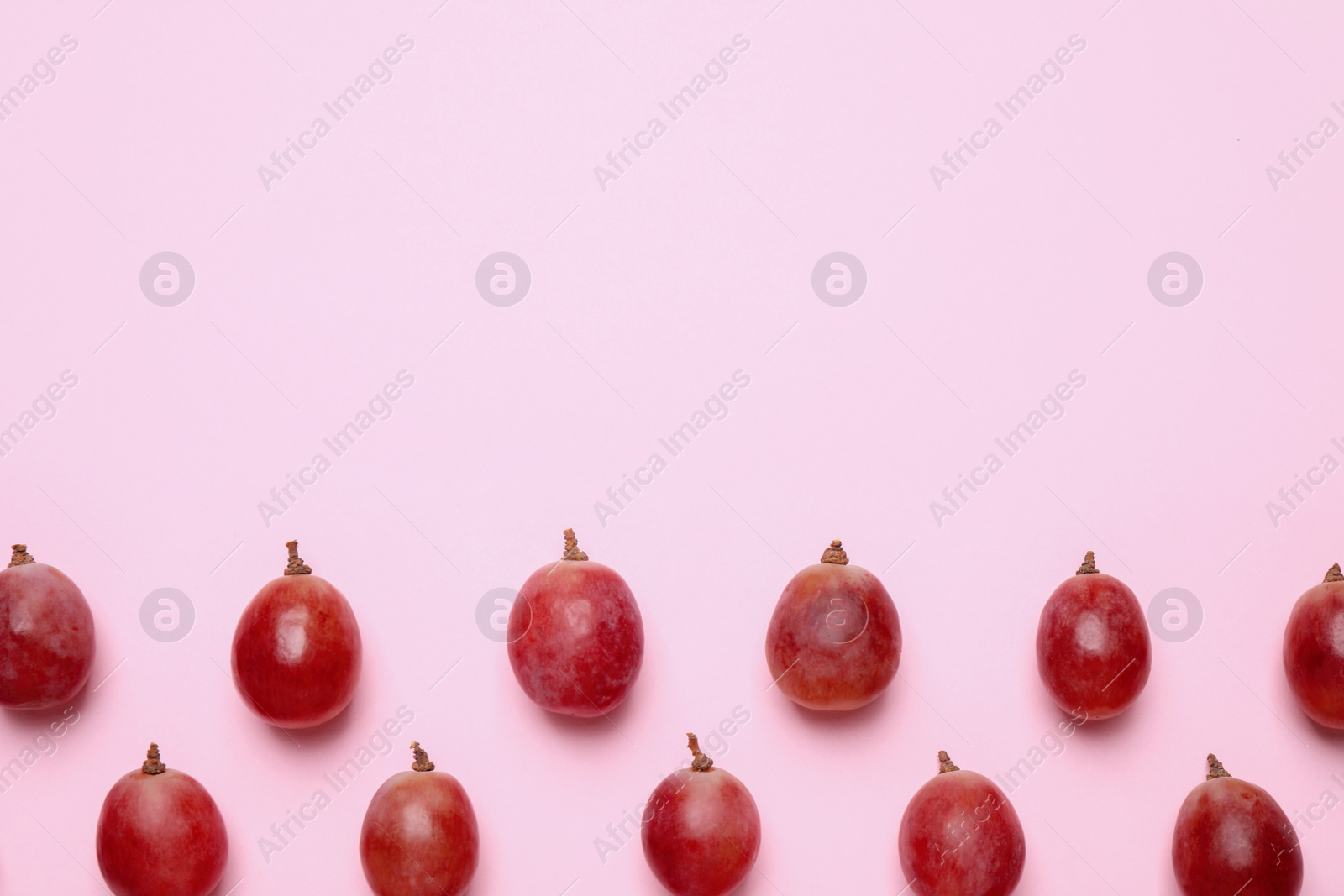 Photo of Flat lay composition with fresh ripe grapes on pink background. Space for text