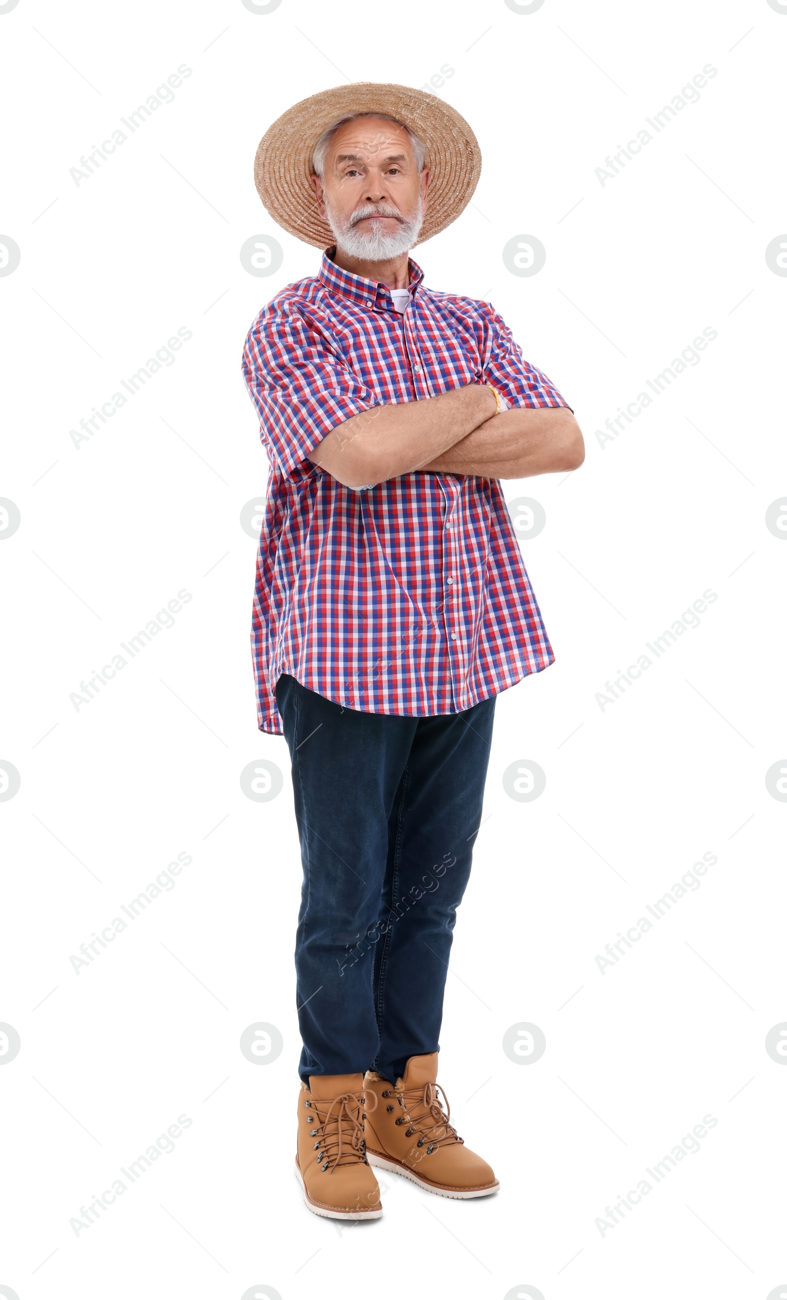 Photo of Harvesting season. Farmer with crossed arms on white background