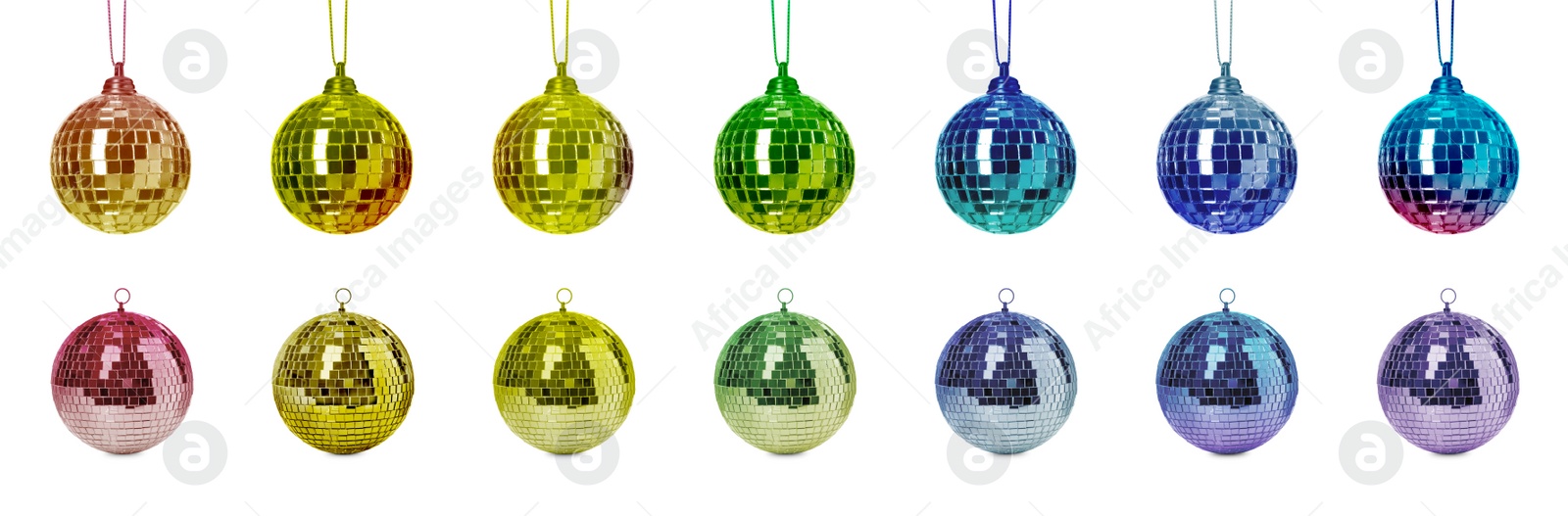 Image of Set with colorful shiny disco balls on white background. Banner design