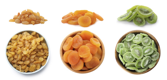 Set of different dry fruits on white background