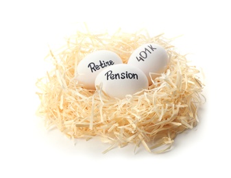 Eggs with words PENSION, RETIRE and 401k in nest on white background