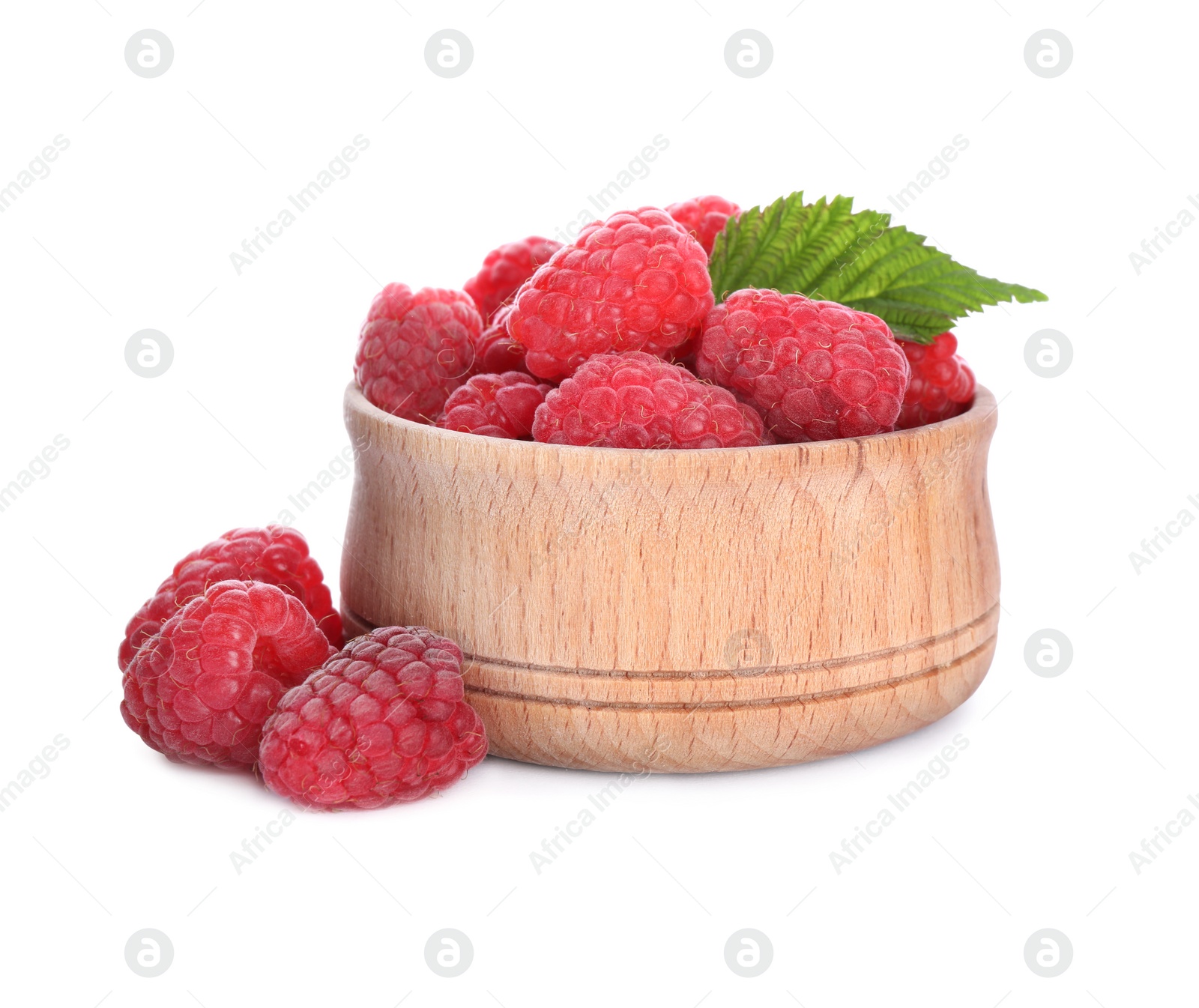 Photo of Delicious fresh ripe raspberries in wooden bowl isolated on white