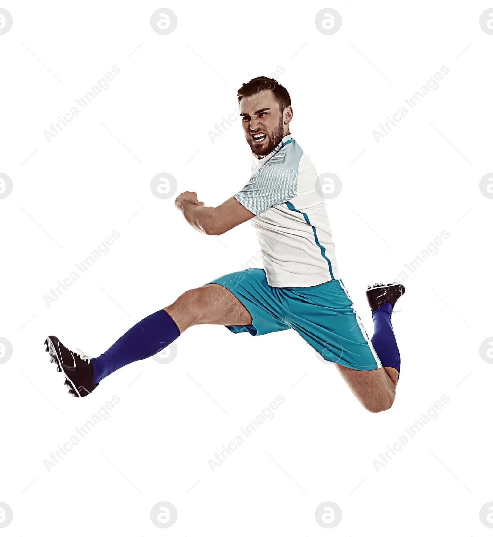 Image of Young man playing football on white background