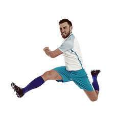 Young man playing football on white background