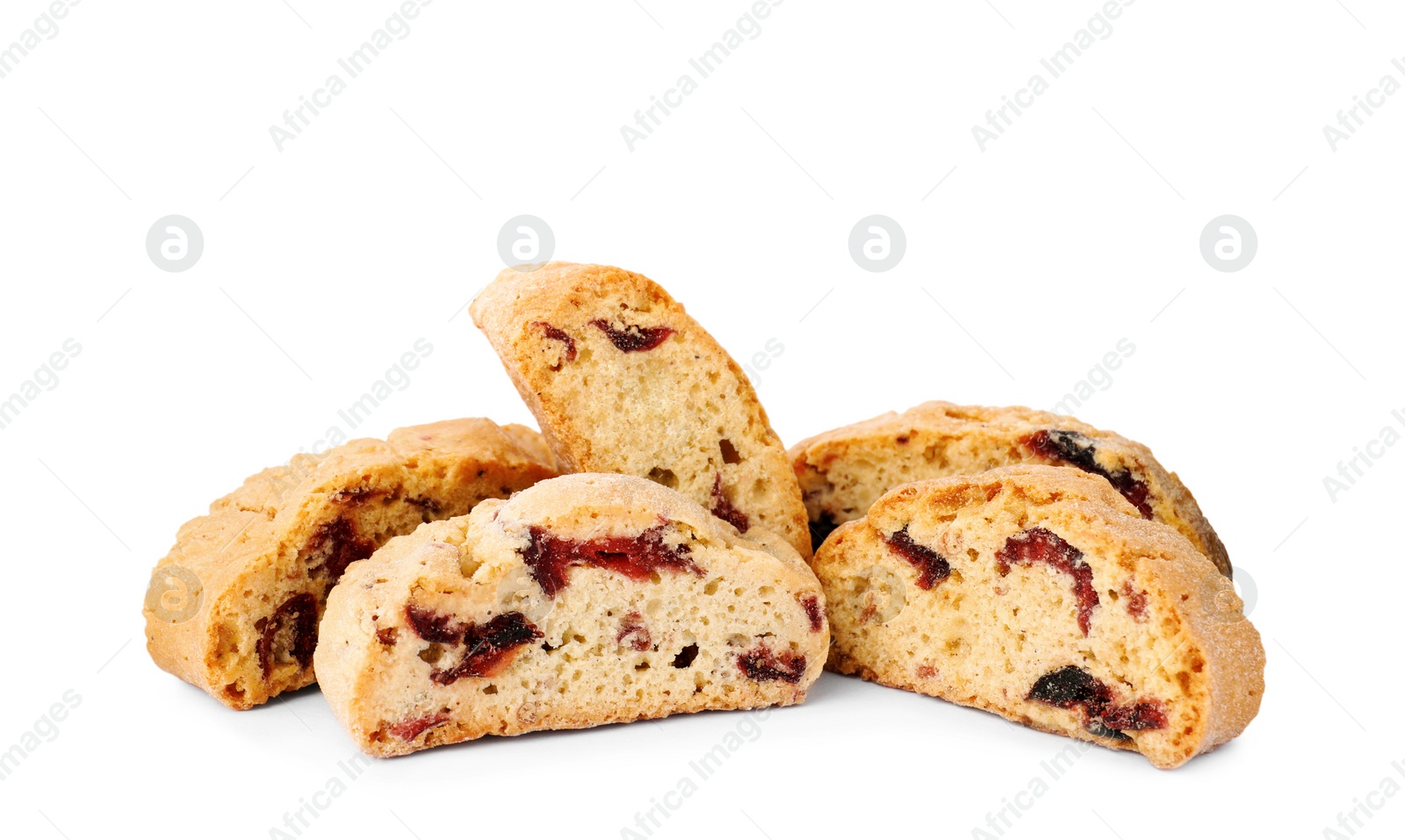 Photo of Slices of tasty cantucci with berry on white background. Traditional Italian almond biscuits