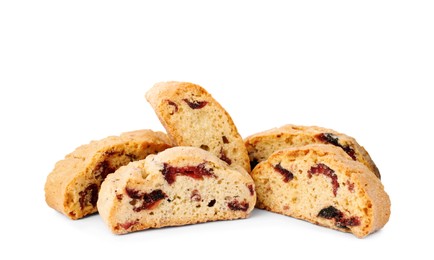 Photo of Slices of tasty cantucci with berry on white background. Traditional Italian almond biscuits