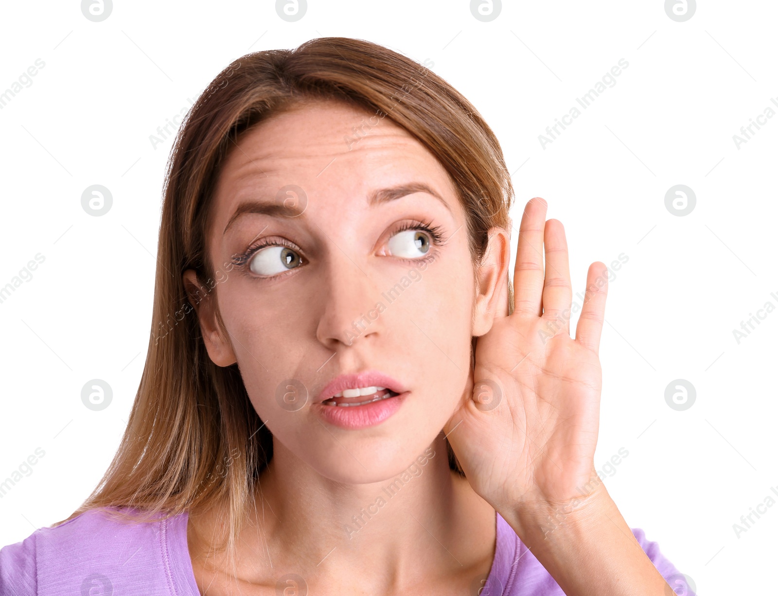 Photo of Young woman with hearing problem on white background