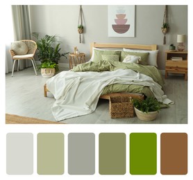 Image of Color palette and photo of stylish bedroom interior. Collage