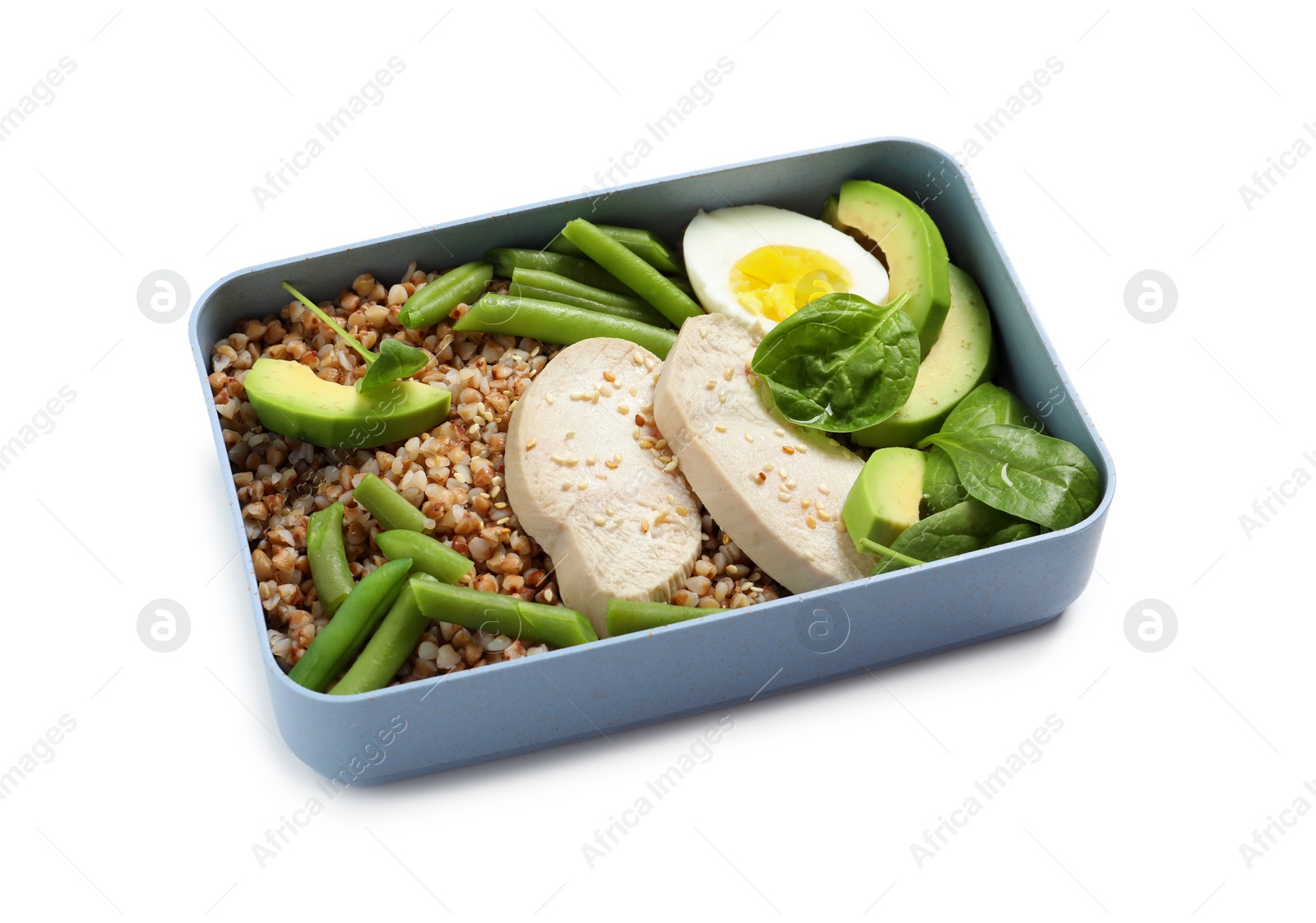 Photo of Container with natural protein food on white background