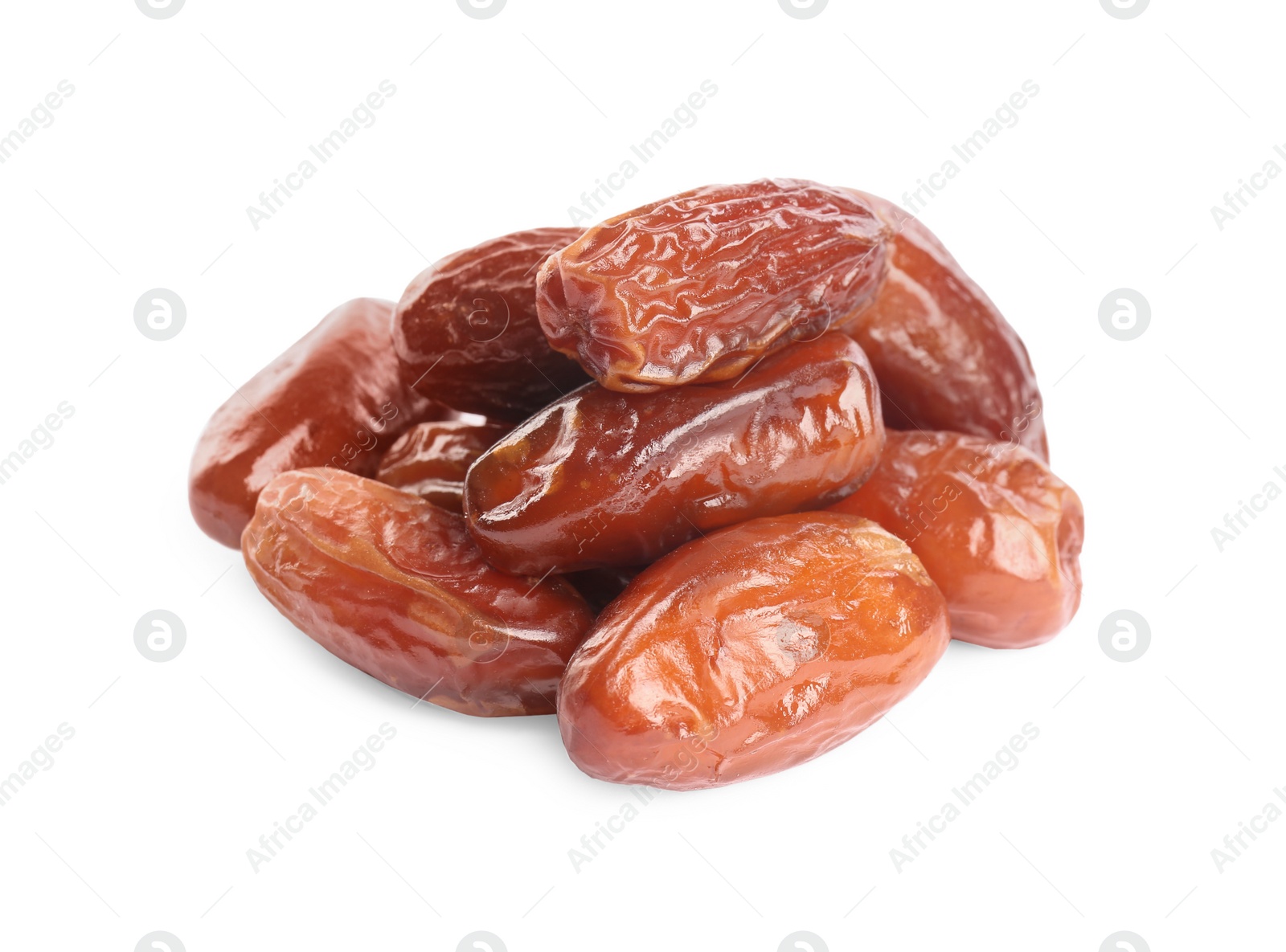 Photo of Heap of tasty sweet dried dates on white background