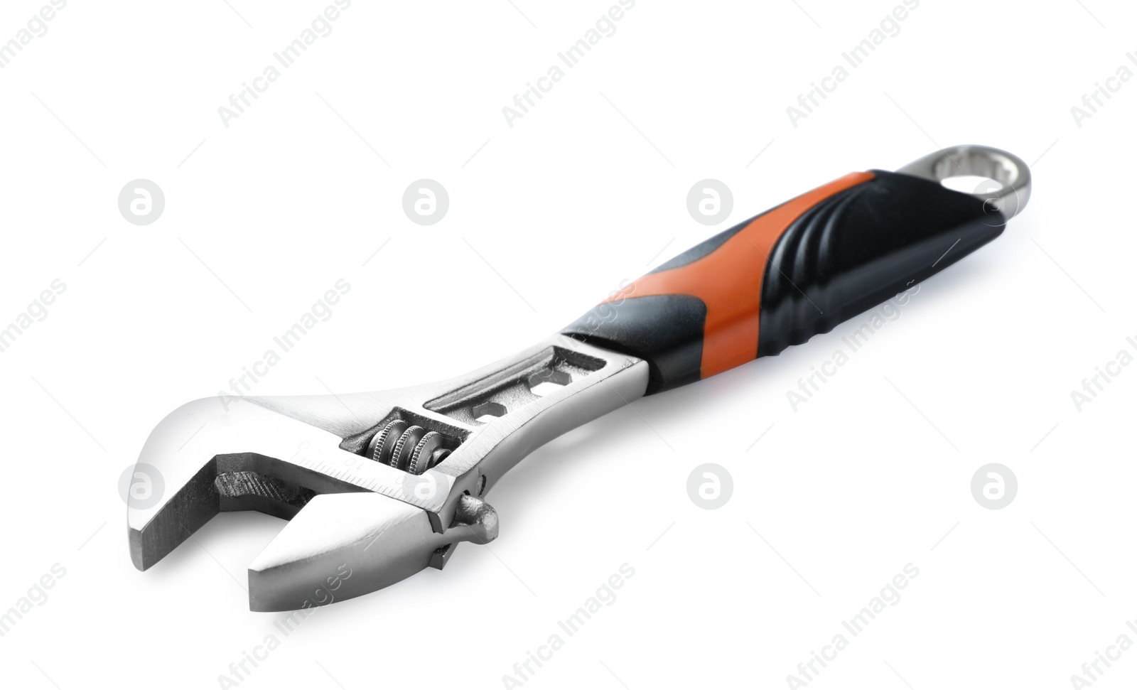 Photo of New adjustable wrench on white background. Plumber tools